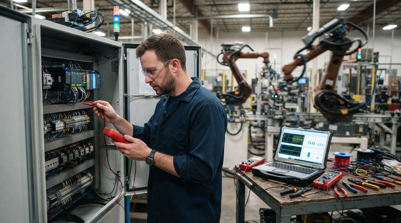 Student in safety glasses and navy work shirt tests a programmable logic controller inside an open electrical panel on a…
