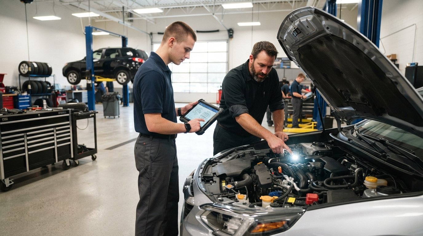 Student in navy polo uses digital tablet to diagnose an open car hood while instructor points to engine component in a…