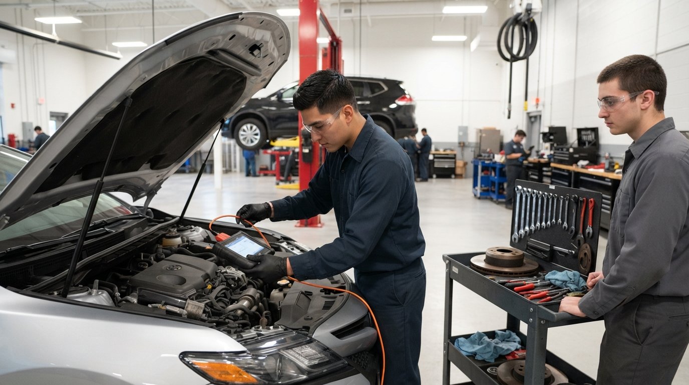 Young male technician in navy shirt uses a digital scanner under the hood of a car in a bright auto shop while another…