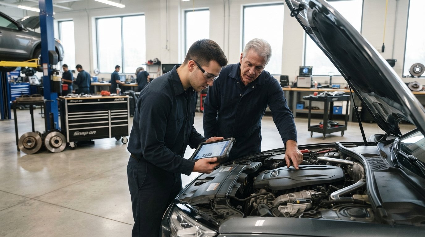Student in safety glasses uses a diagnostic tablet over a sedan engine while an instructor points to the engine bay in a…