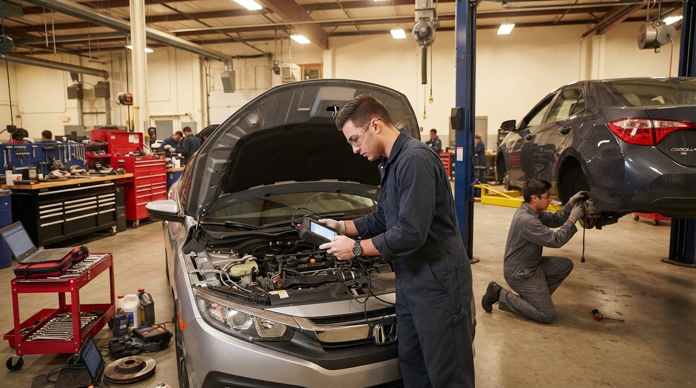 Student in blue coveralls and safety glasses uses a diagnostic scanner on an engine while another student works near a…