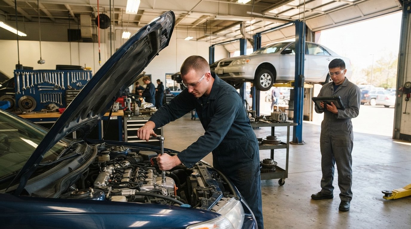 Student in blue coveralls and safety glasses uses a socket wrench on an engine while another student checks a diagnostic…