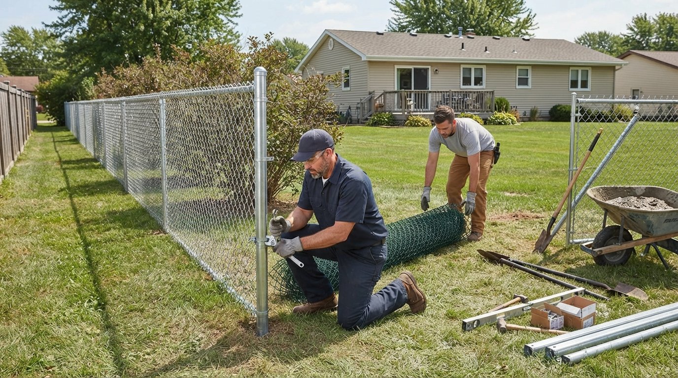 Two contractors install a galvanized chain link fence in a backyard, one kneeling to attach a tension band to a corner post…