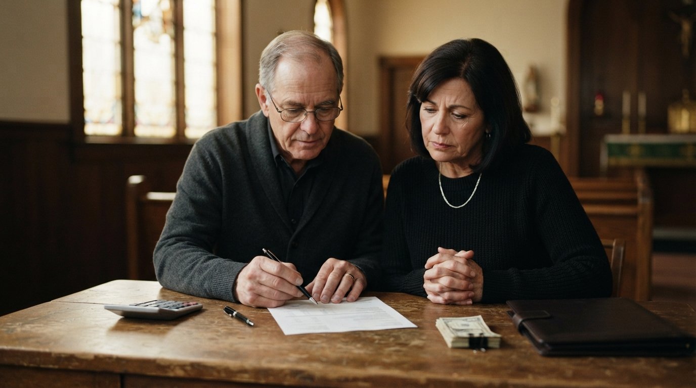 Older couple in dark clothing reviewing a printed cost estimate at a wooden desk with calculator, pen, and bills