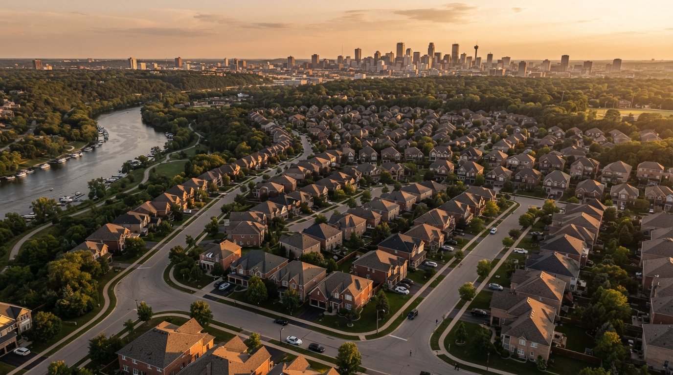 Aerial view of suburban homes with varied roofs, lawns, a river, and a distant city skyline at golden hour