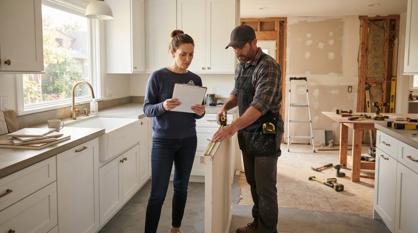 Homeowner with clipboard and contractor measuring a quartz countertop in a kitchen with white shaker cabinets and gray tile…
