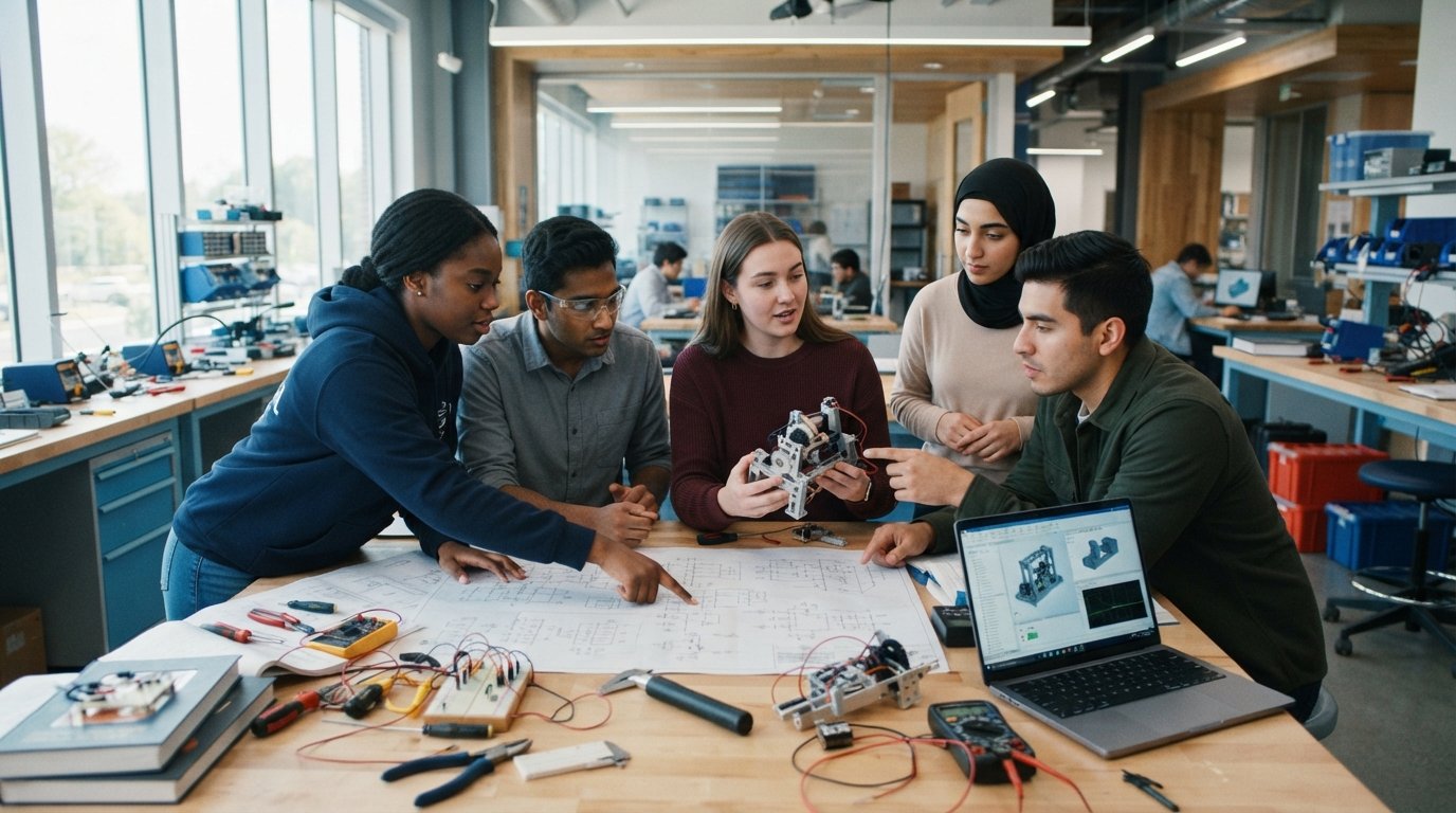 Diverse engineering students in casual clothes gather around a table in a bright lab, reviewing blueprints, a laptop, and a…