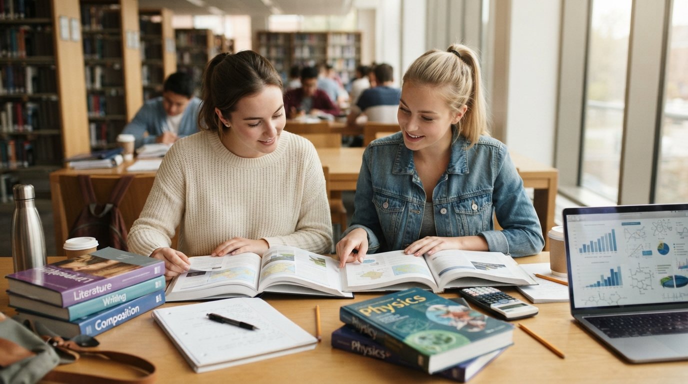 Two college students sit at a sunlit library table comparing open course catalogs, one surrounded by literature books and a…