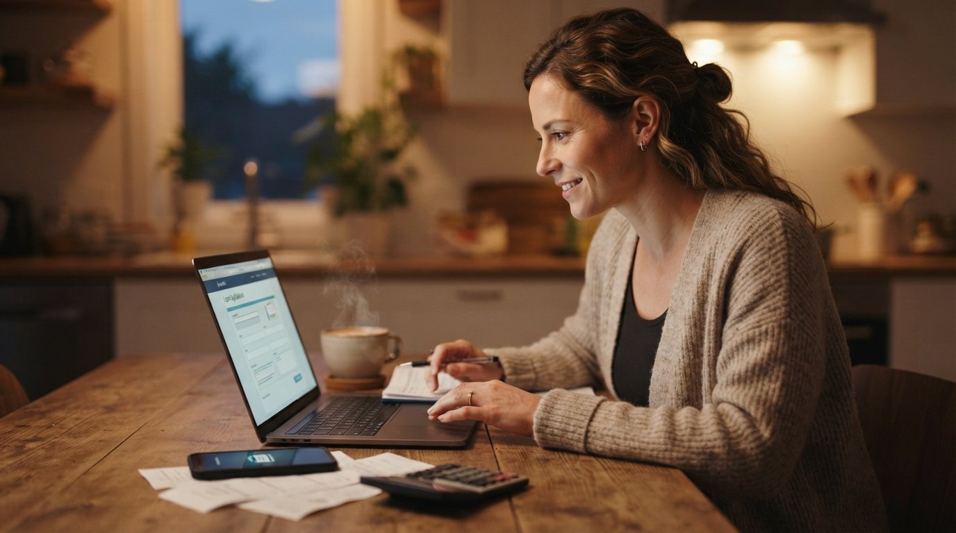Woman in her 30s at a kitchen table, looking at a loan application on a laptop, with bills and a calculator nearby