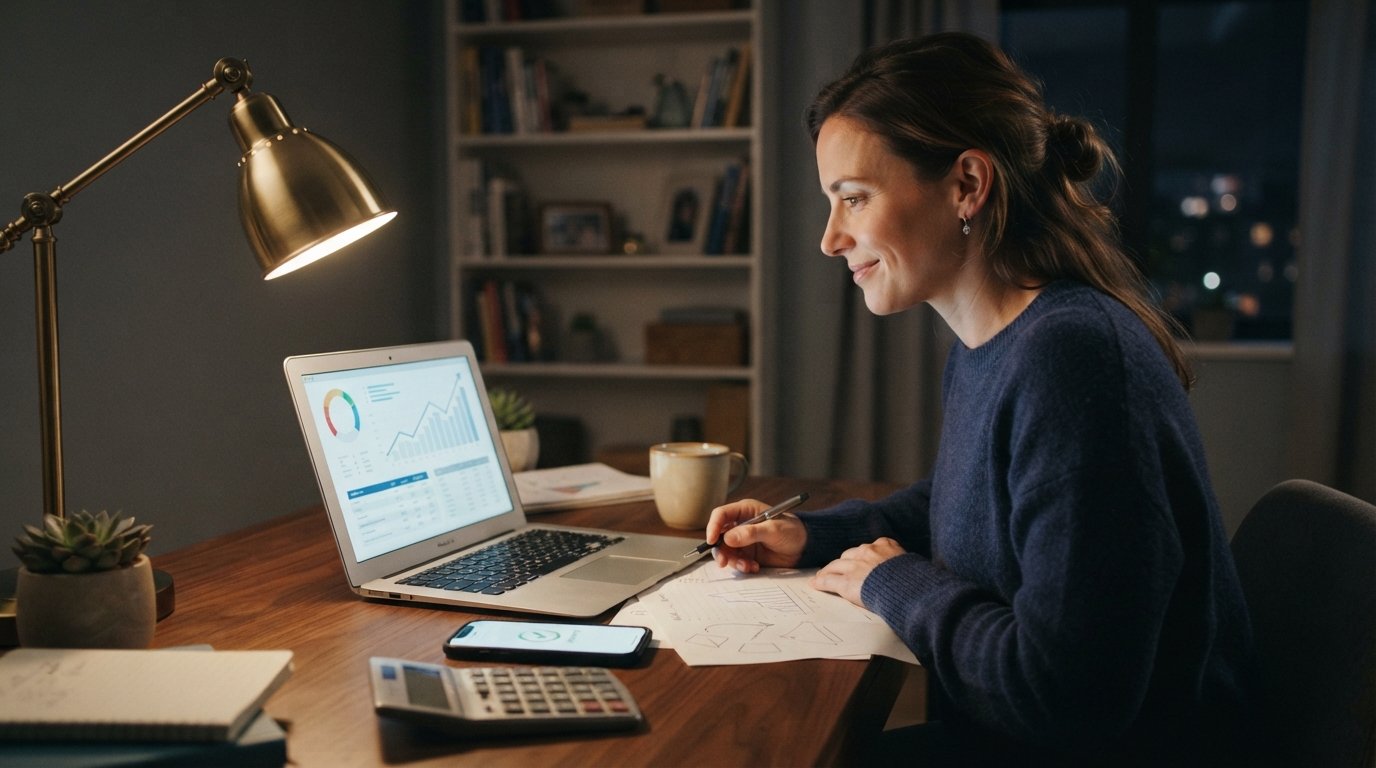 Adult at a desk reviews loan comparison documents on a laptop while a smartphone shows a loan approval notification beside…