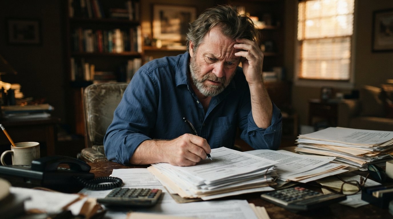 Frustrated middle-aged man in a wrinkled button-down shirt stares at a stack of claim paperwork and a denial letter at a…