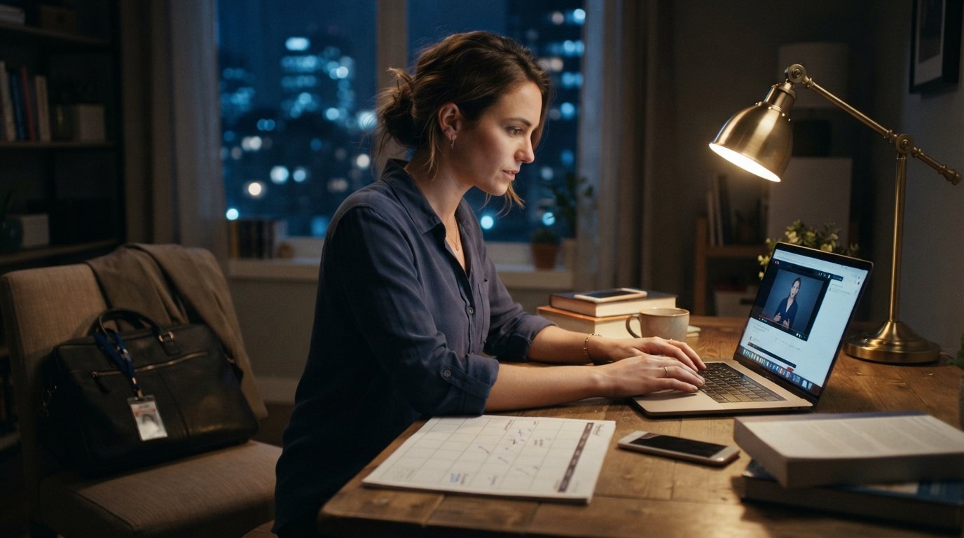 Adult student in rolled-up shirt typing on a laptop showing a video lecture, with a weekly planner, coffee mug, textbooks,…