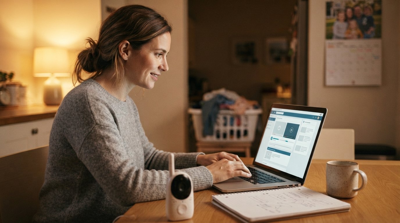 Parent in casual clothes typing on a laptop at a kitchen table with a coffee mug, notebook, and baby monitor nearby