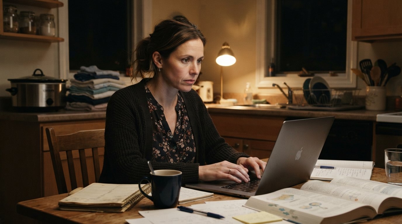 Adult woman in cardigan typing on a laptop at a kitchen table with a planner, coffee mug, textbooks, and papers under…