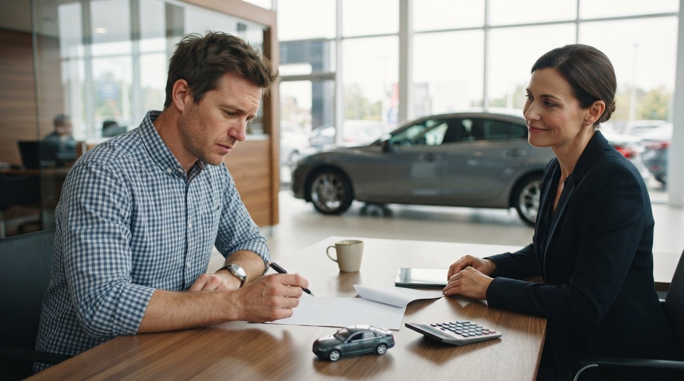 Man in a button-down shirt reviews a blank auto loan contract at a dealership desk with a salesperson, calculator, toy car,…