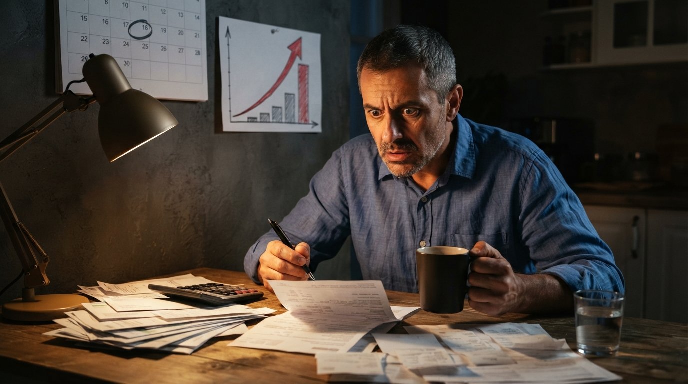 Middle-aged man in blue shirt at kitchen table at night, staring at a loan statement with a calendar behind him, pen and…