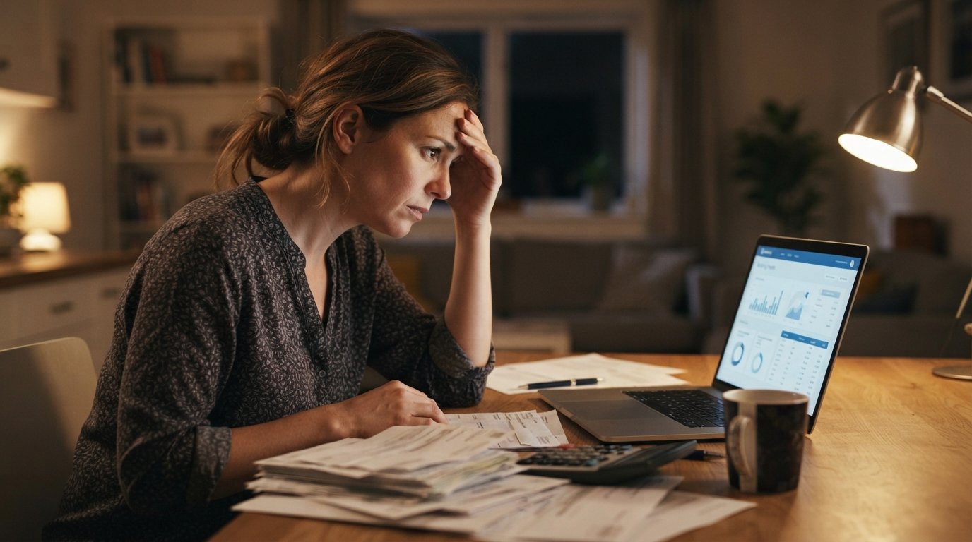 Woman at a kitchen table at night pressing a hand to her forehead while looking at a banking dashboard on a laptop,…
