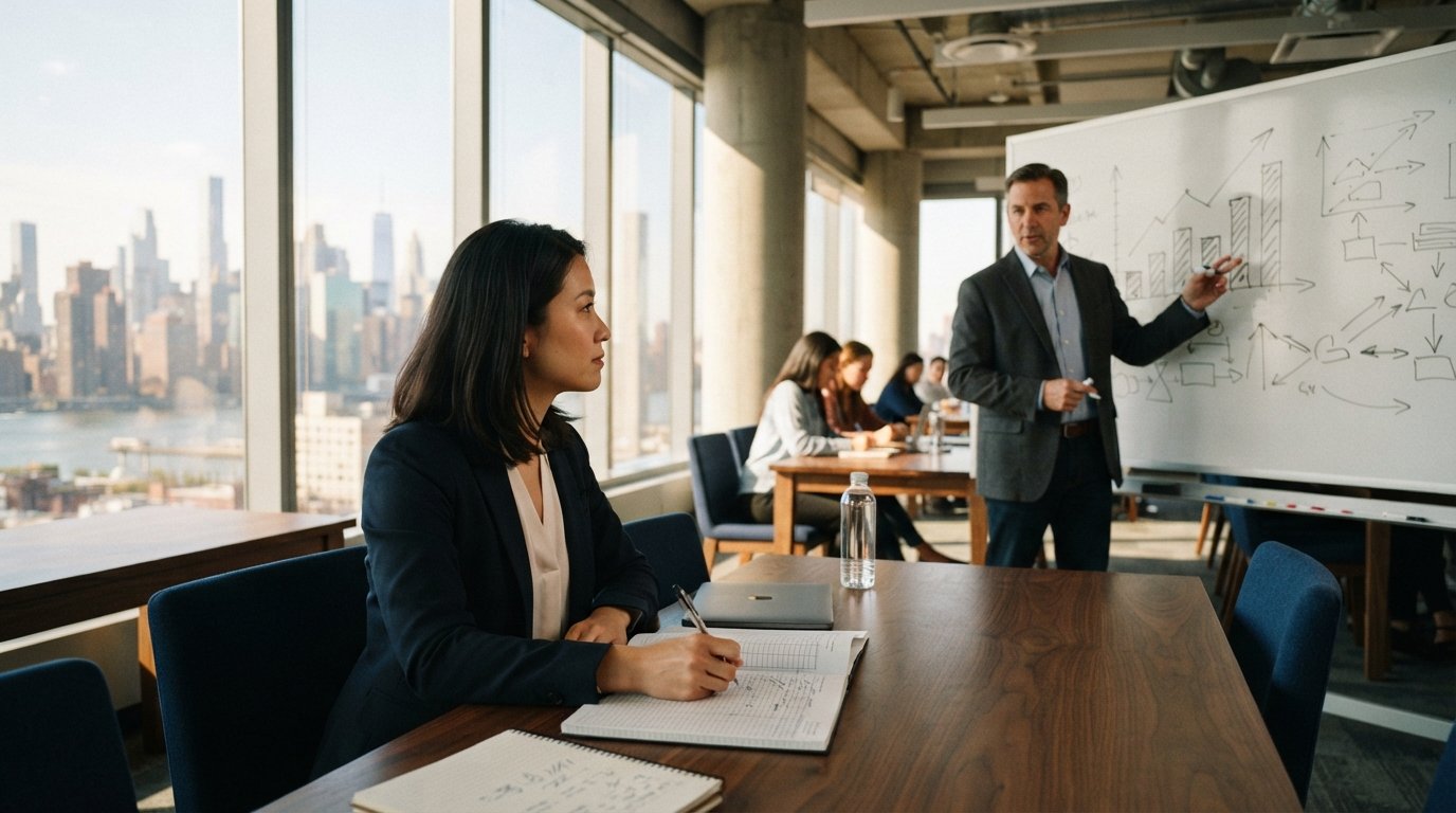 Adult student in business casual attire taking notes on a financial ledger while a professor points to banking charts on a…