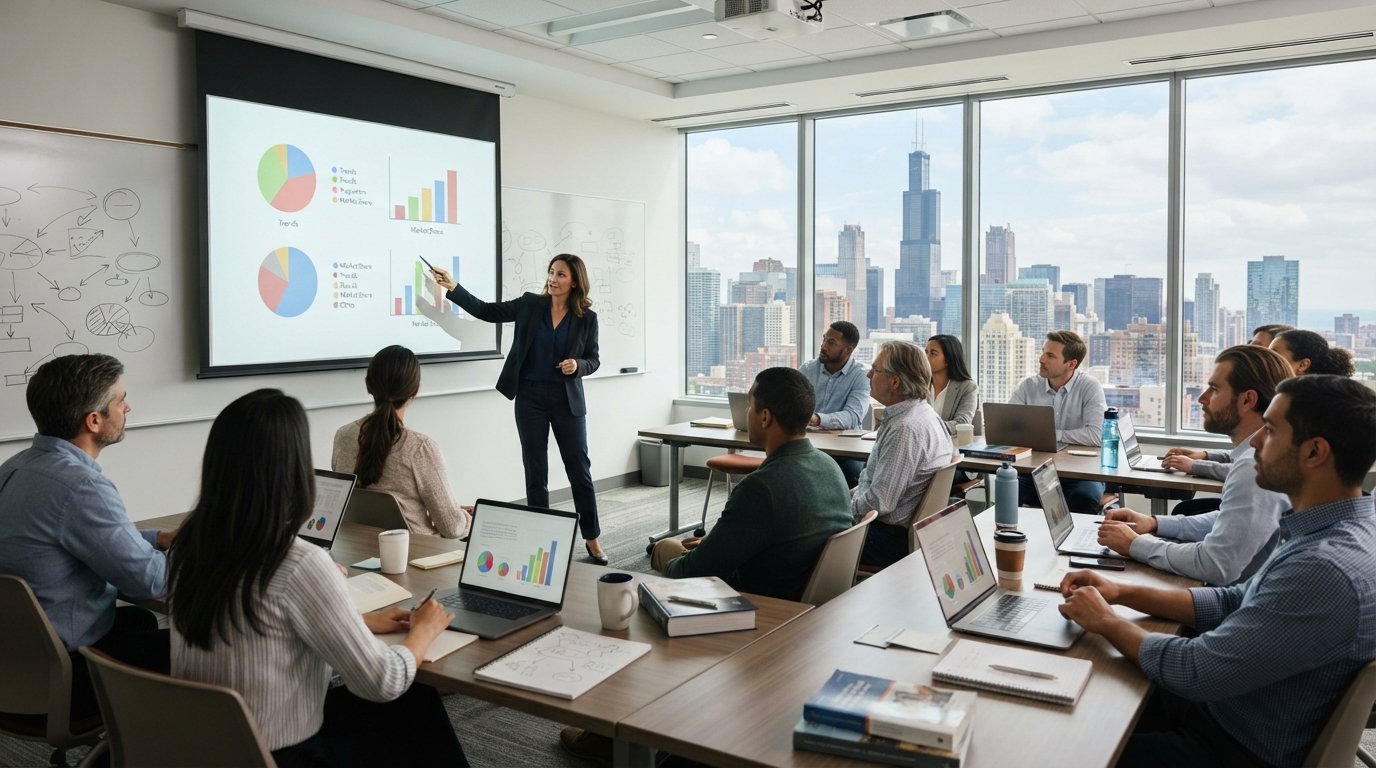 Adult students at tables with laptops and notebooks watch an instructor point to a projection screen with pie charts and…