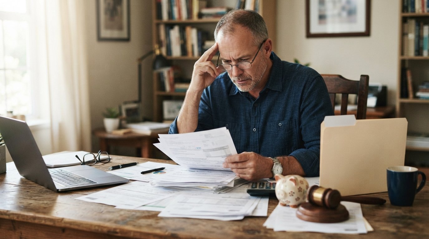 Middle-aged man in a button-down shirt sits at a wooden desk reviewing legal documents and medical bills beside a small…