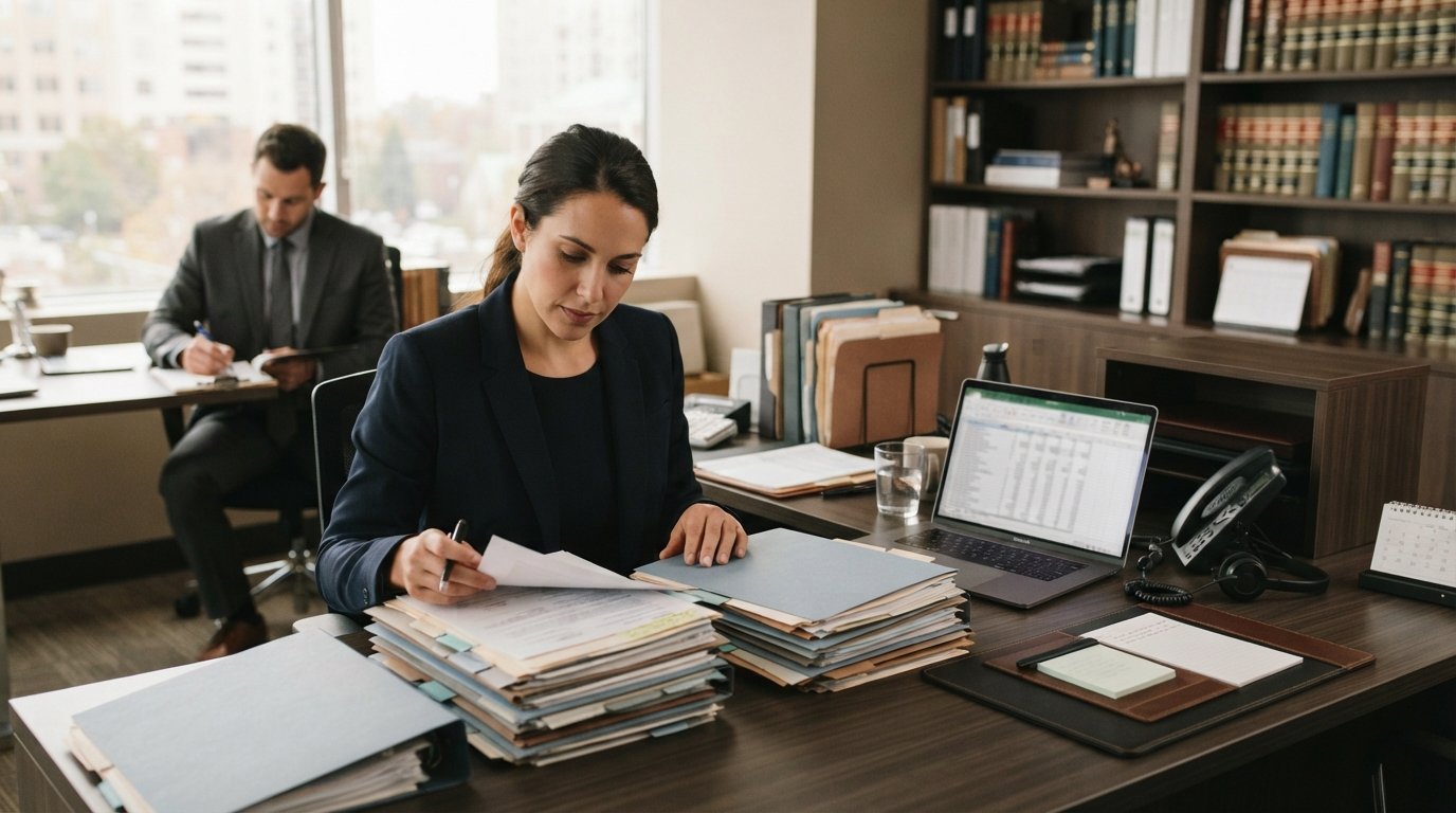 Attorney at a dark wood desk reviewing two stacks of case documents beside a laptop with a blurred spreadsheet and a…