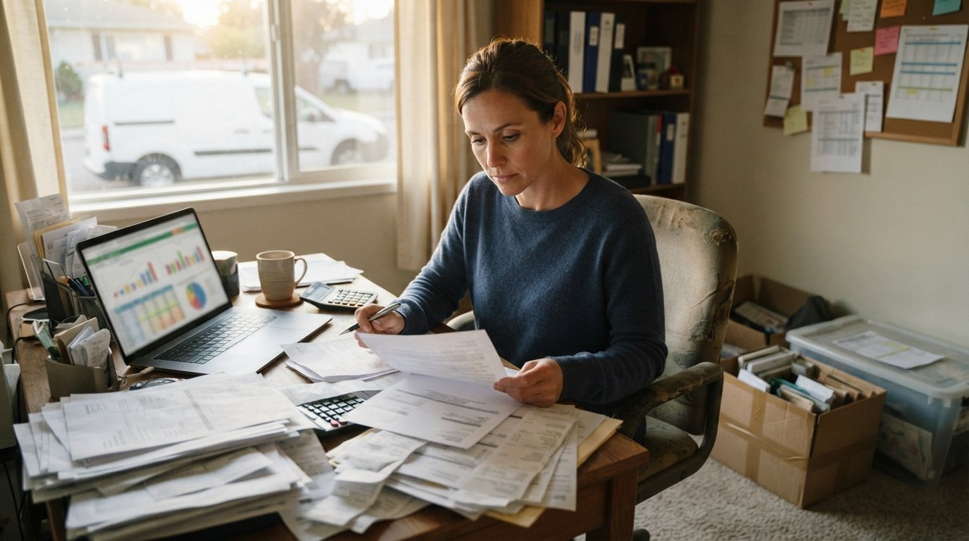 Small business owner at a cluttered desk with unpaid invoices, a laptop showing spreadsheets, and a box of inventory, with…