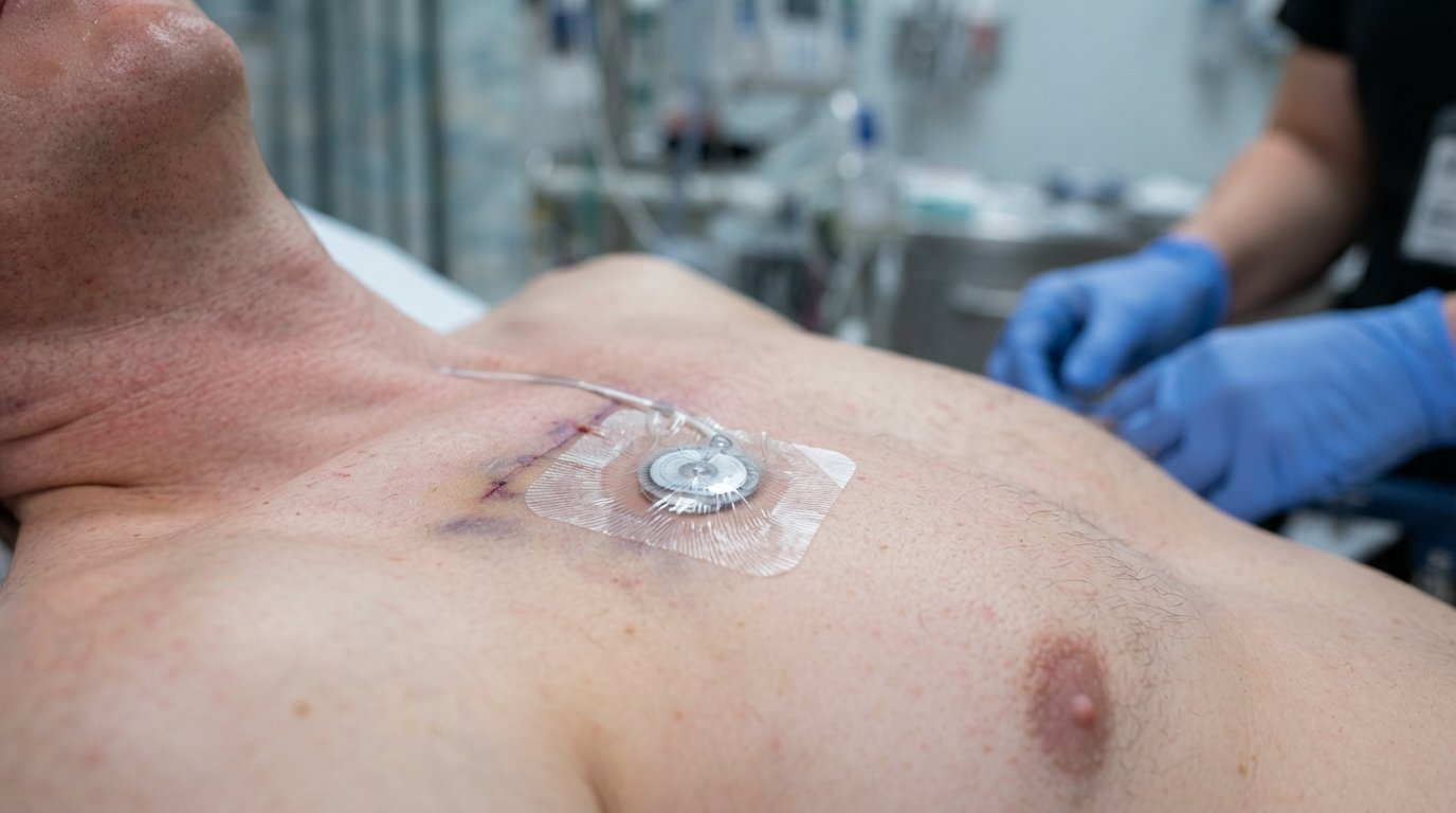 Close-up of a Bard PowerPort device implanted beneath the skin on a patient's upper chest, with a thin catheter line,…