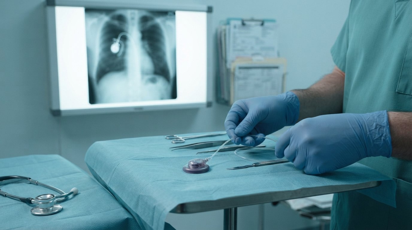 Gloved hands examine an implantable port catheter on a blue surgical drape, with a chest X-ray on a lightbox and surgical…