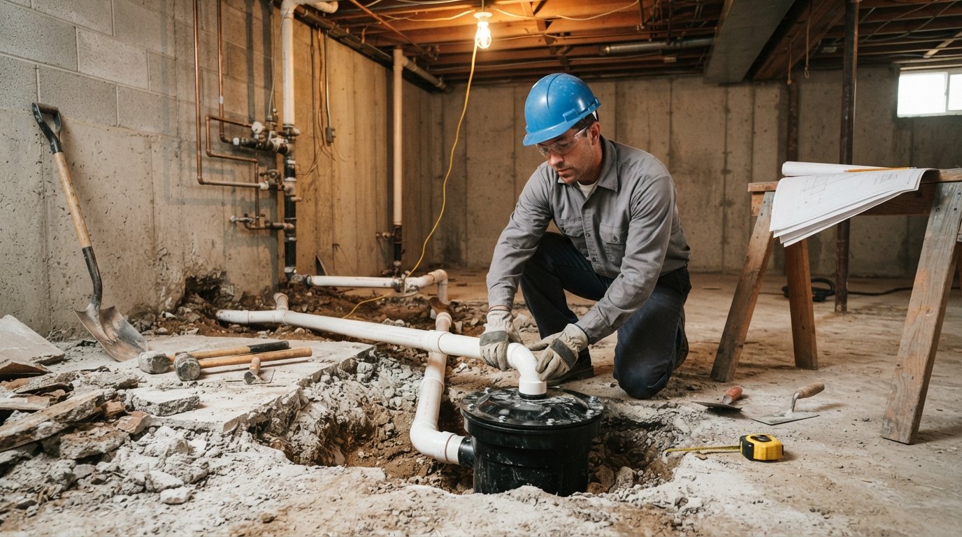 Construction worker in blue hard hat and safety glasses kneels beside a broken concrete basement floor, examining a PVC…