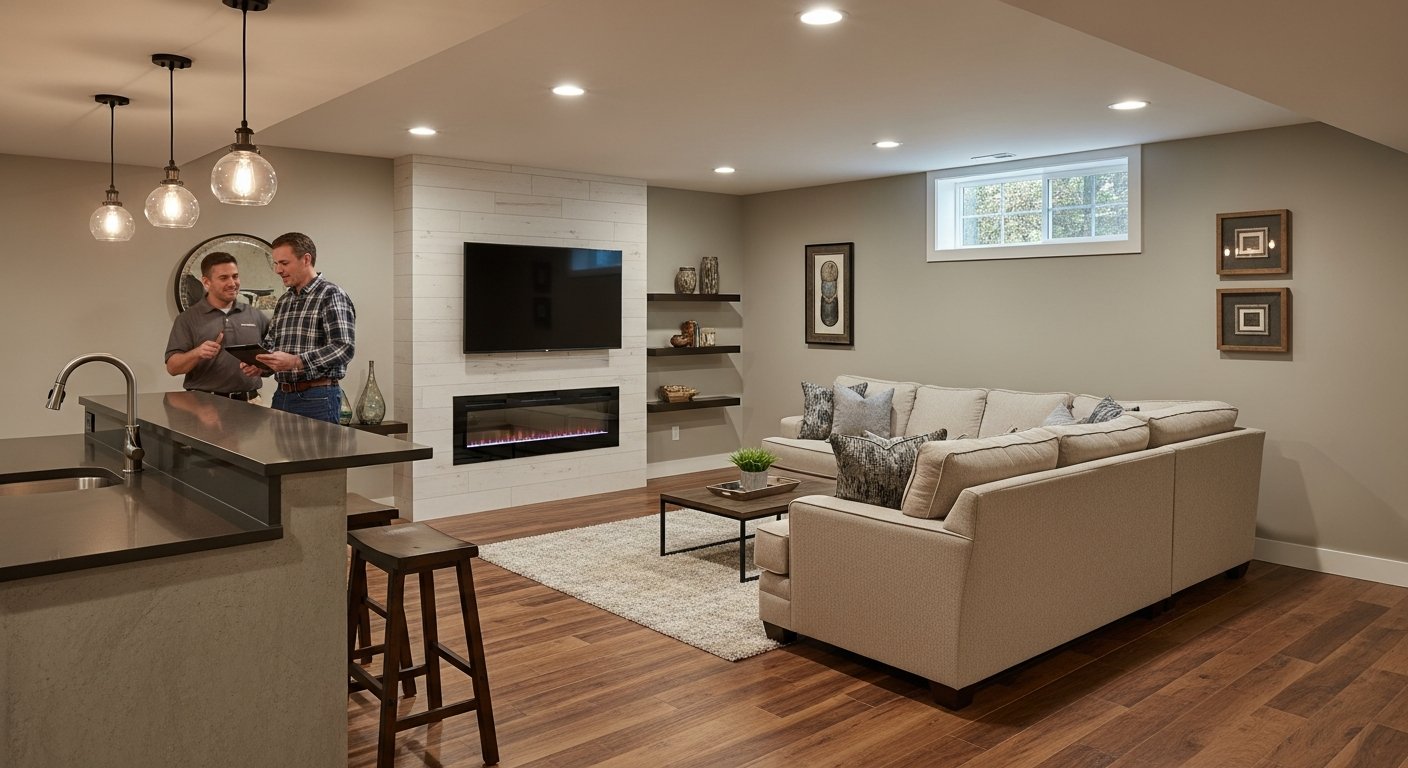 Bright finished basement with gray walls, L-shaped beige sectional, media wall with TV above electric fireplace, and bar…