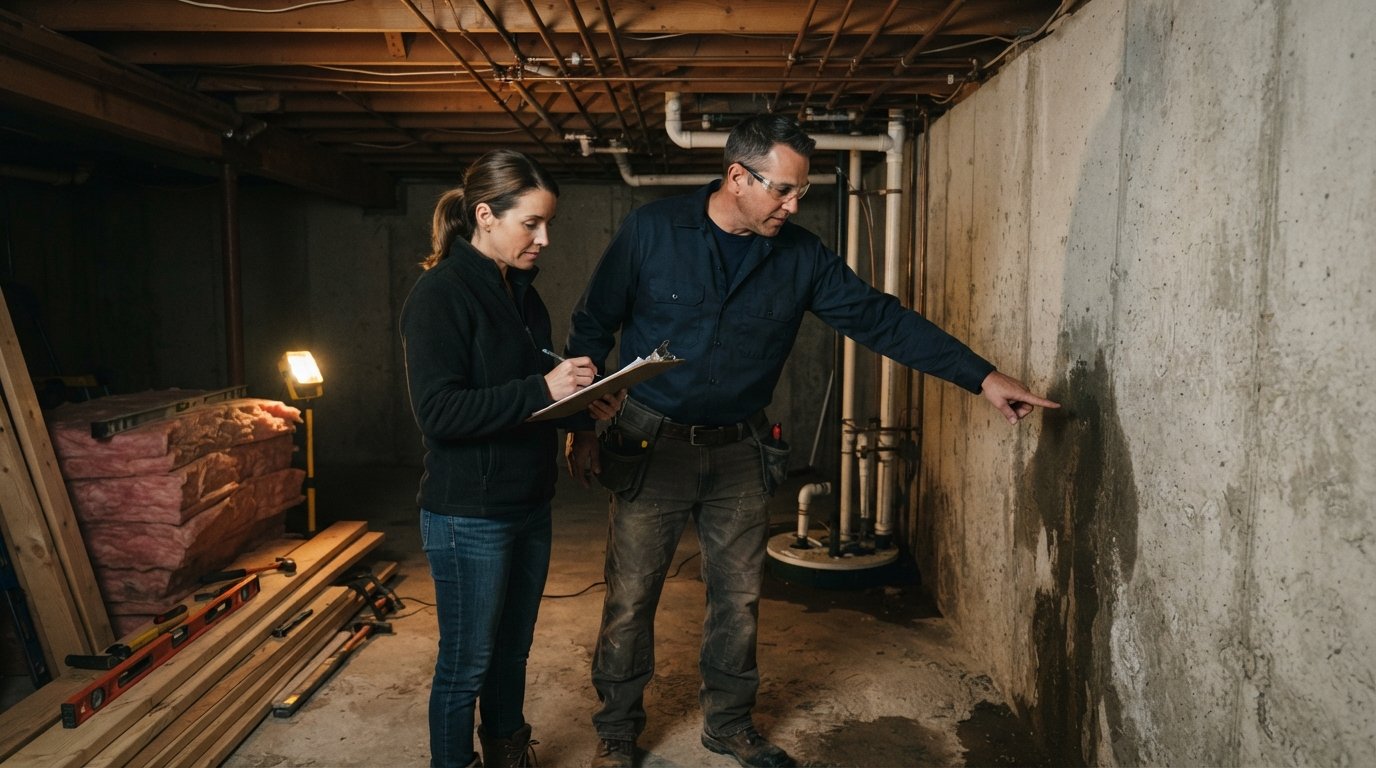 Contractor in navy shirt and safety glasses points at stained concrete foundation walls in an unfinished basement as a…