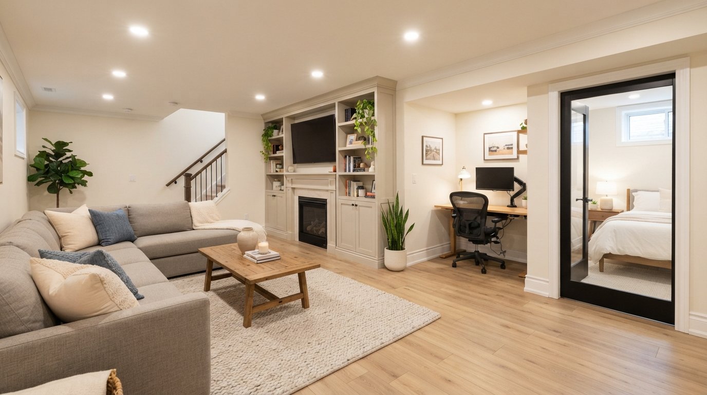 Finished basement with recessed lighting, gray sectional sofa, built-in media shelving, wooden desk with ergonomic chair,…