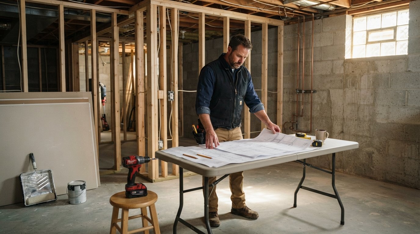 Contractor in navy shirt reviewing blueprints on a folding table in an unfinished basement with exposed wood framing,…