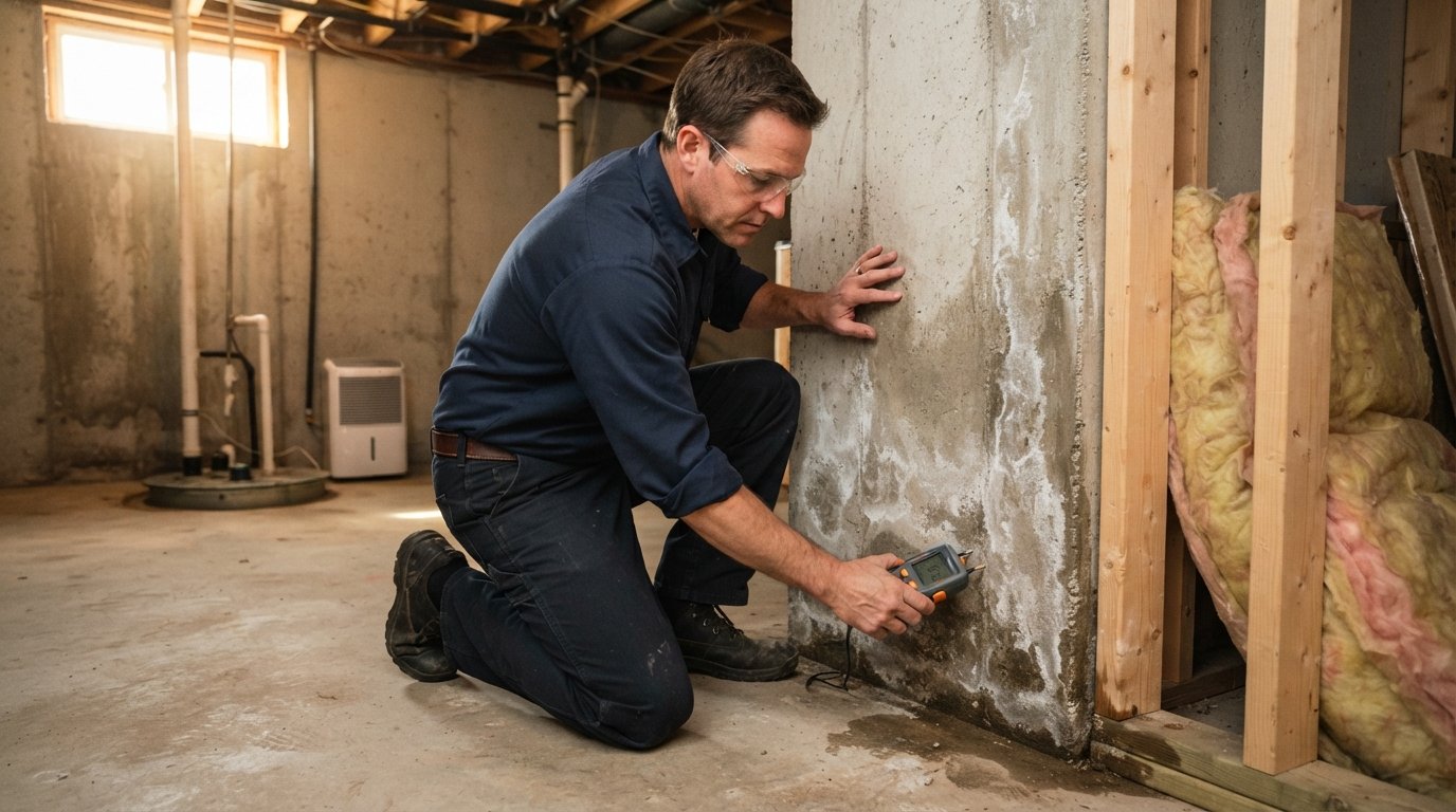 Contractor in safety glasses holds a moisture meter against a bare concrete basement wall with white efflorescence stains…
