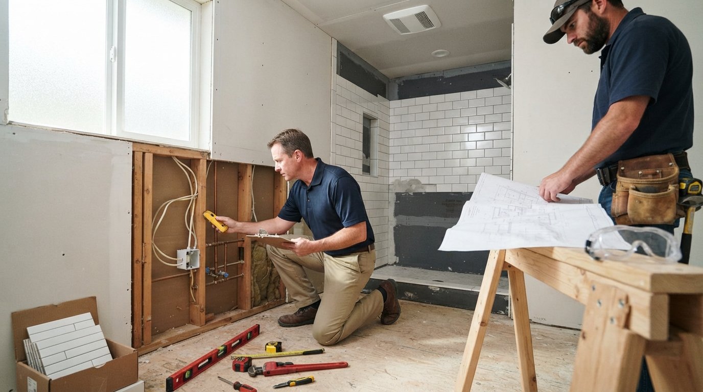 Inspector with clipboard kneeling by an open bathroom wall, checking copper pipes and wiring as a contractor reviews…