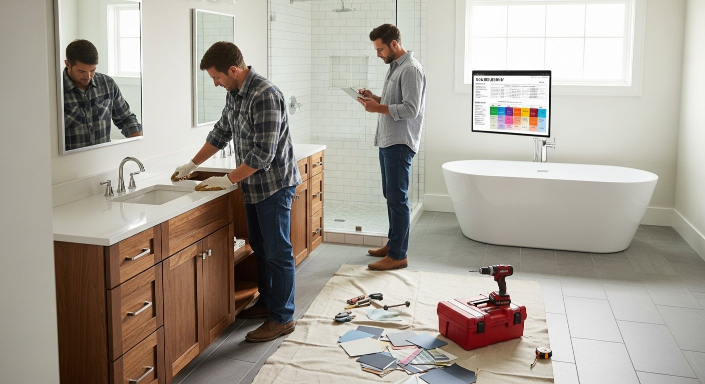 Contractor in plaid shirt and gloves installs a white quartz vanity top while a homeowner reviews a tablet with a cost…