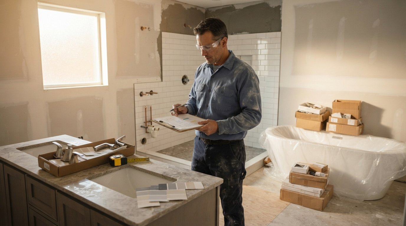Contractor in blue work shirt and safety glasses reviewing a clipboard in a mid-renovation bathroom with exposed pipes,…