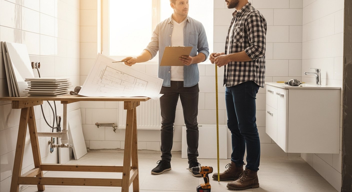 A homeowner in casual clothes points at blueprints on a workbench while a contractor in a plaid shirt holds a tape measure…