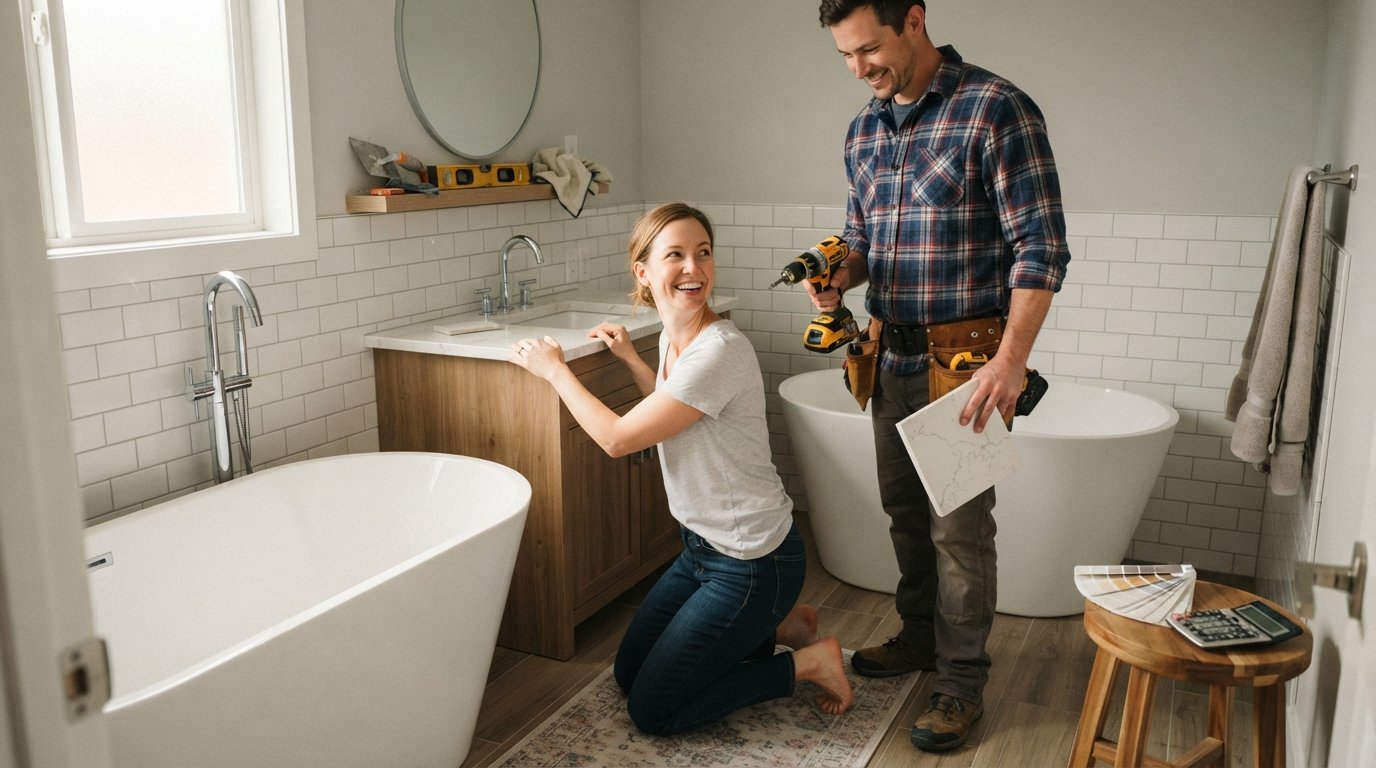 Woman kneeling by a white subway tile wall while a contractor holding a drill and quartz sample stands beside a…
