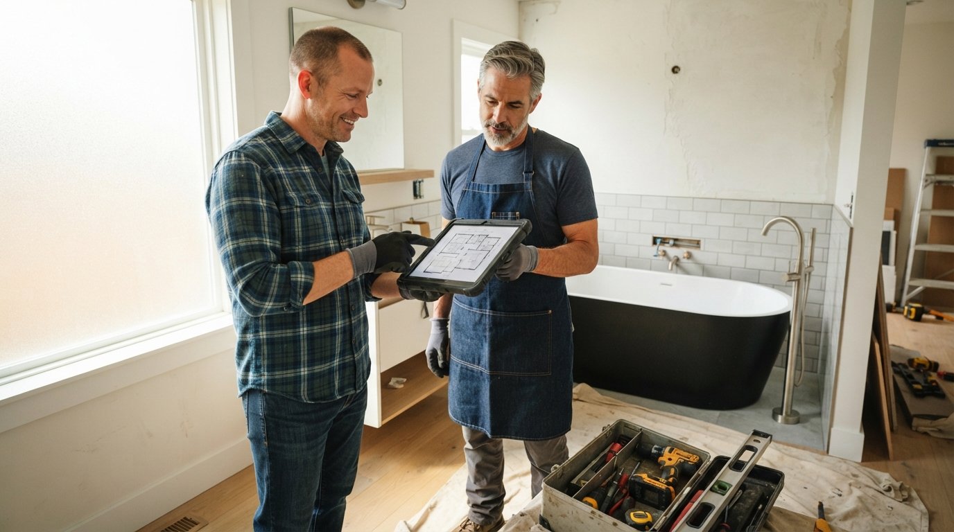 Homeowner and contractor reviewing blueprints on a tablet in a bright bathroom under renovation with subway tile and a…