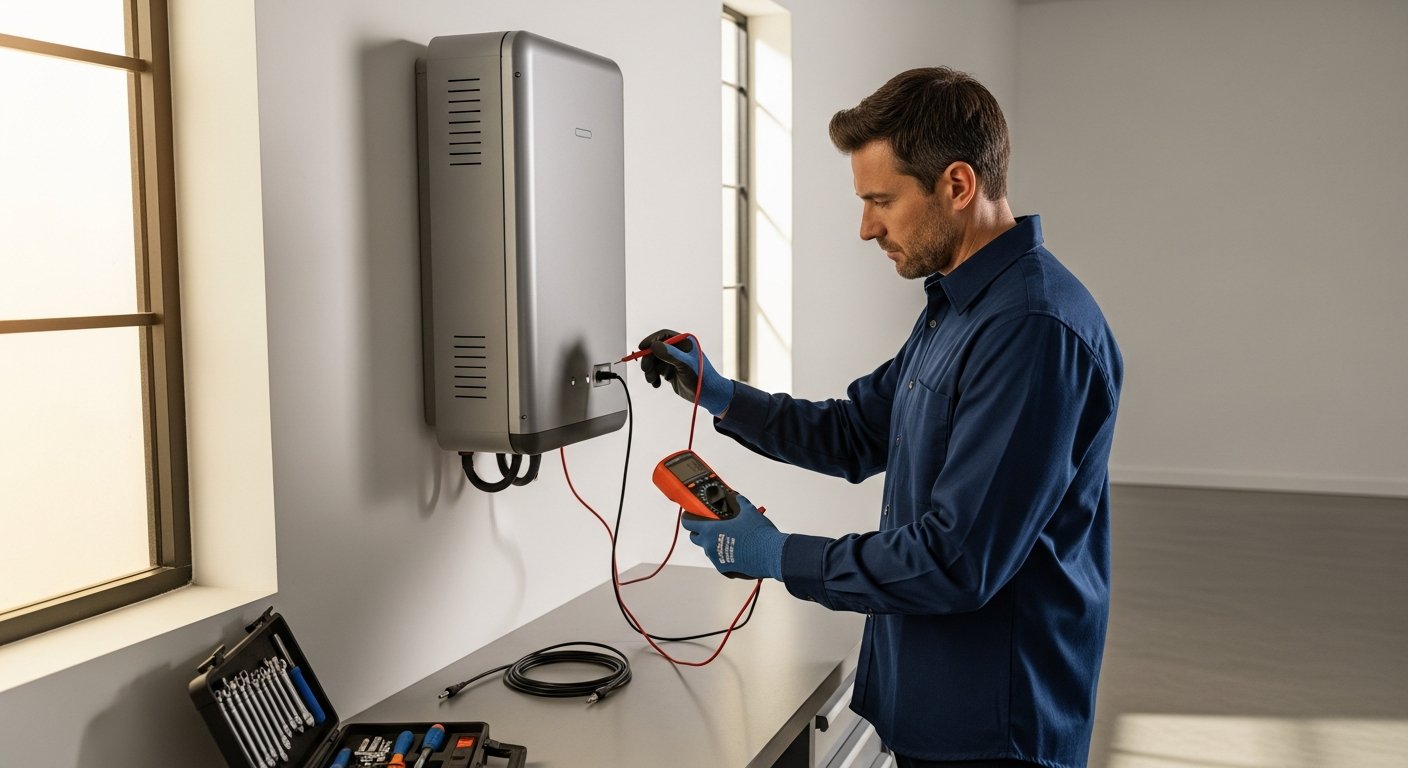 Technician in navy shirt and gloves using a digital multimeter on a wall-mounted gray solar battery in a bright garage