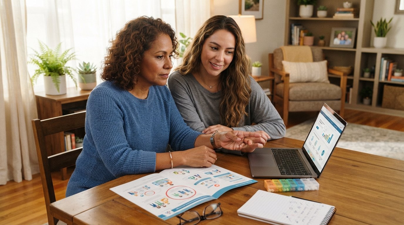 Hispanic woman and her adult daughter compare Medicare plan brochures and a laptop at a dining table with a pill organizer,…