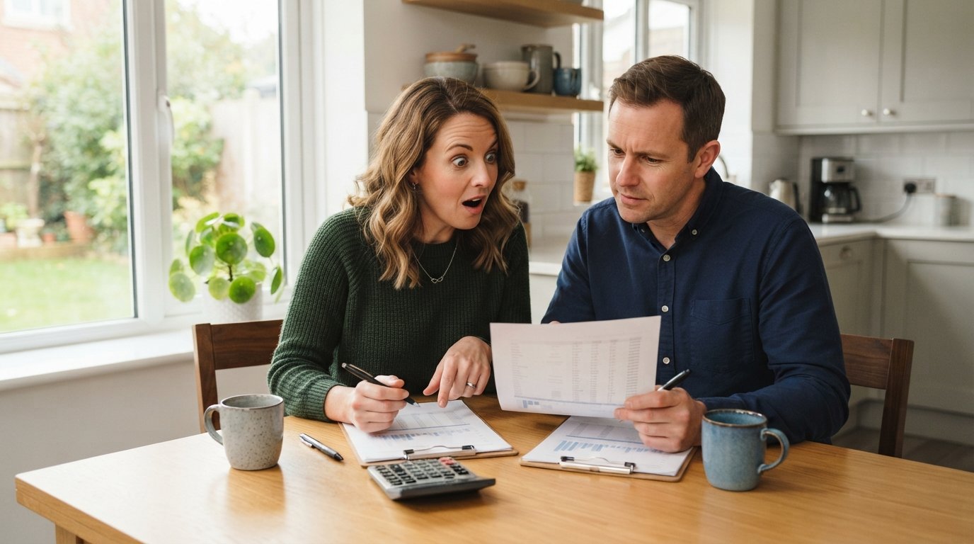 Two adults in business-casual clothing sit at a kitchen table reviewing printed quote sheets with a calculator, pen, and…