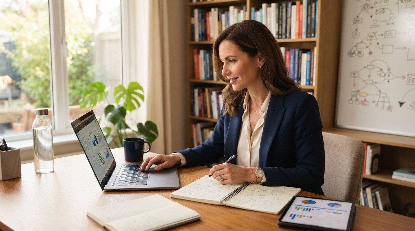 Mid-career professional in business casual attire reviewing course materials on a laptop at a home office desk with…