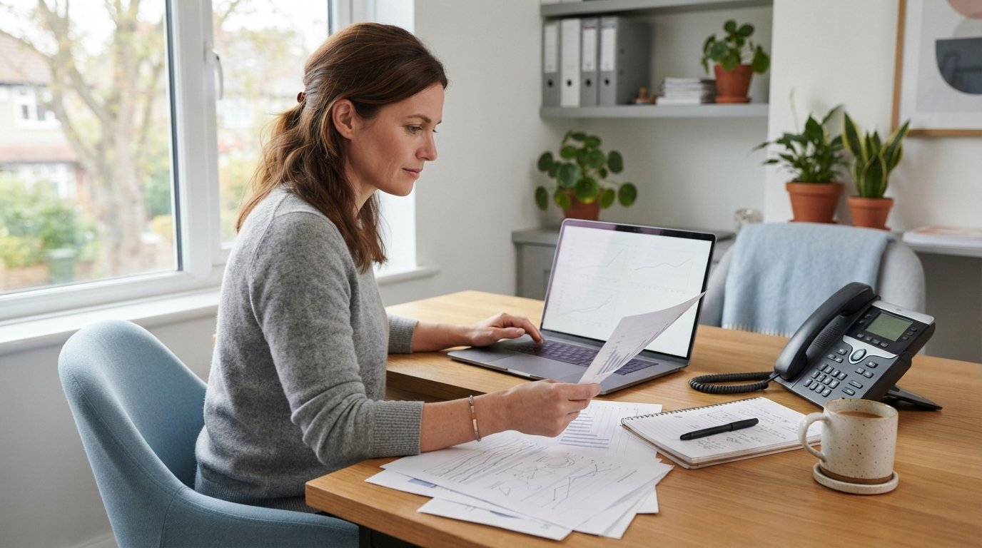 Person at a home office desk comparing printed documents beside a laptop showing a blank comparison chart, with a phone,…