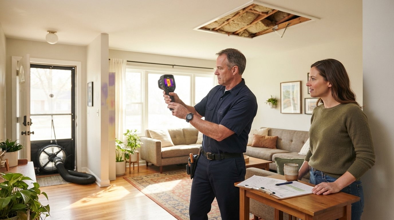 Energy auditor in navy uniform aims a thermal imaging camera at a sunlit living room wall while a homeowner watches near a…