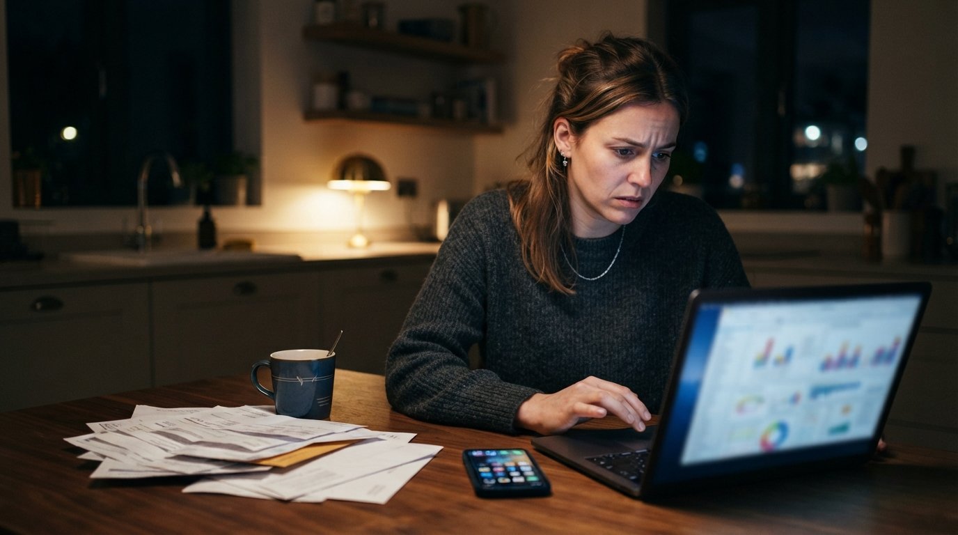 Young adult at a kitchen table at night with a laptop showing blurred charts, holding a smartphone beside unpaid bills and…