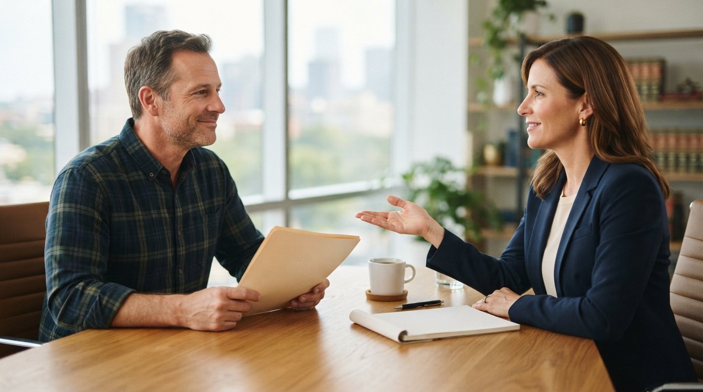 Female attorney talks with a male client across a desk in a bright law office, with an empty notepad between them
