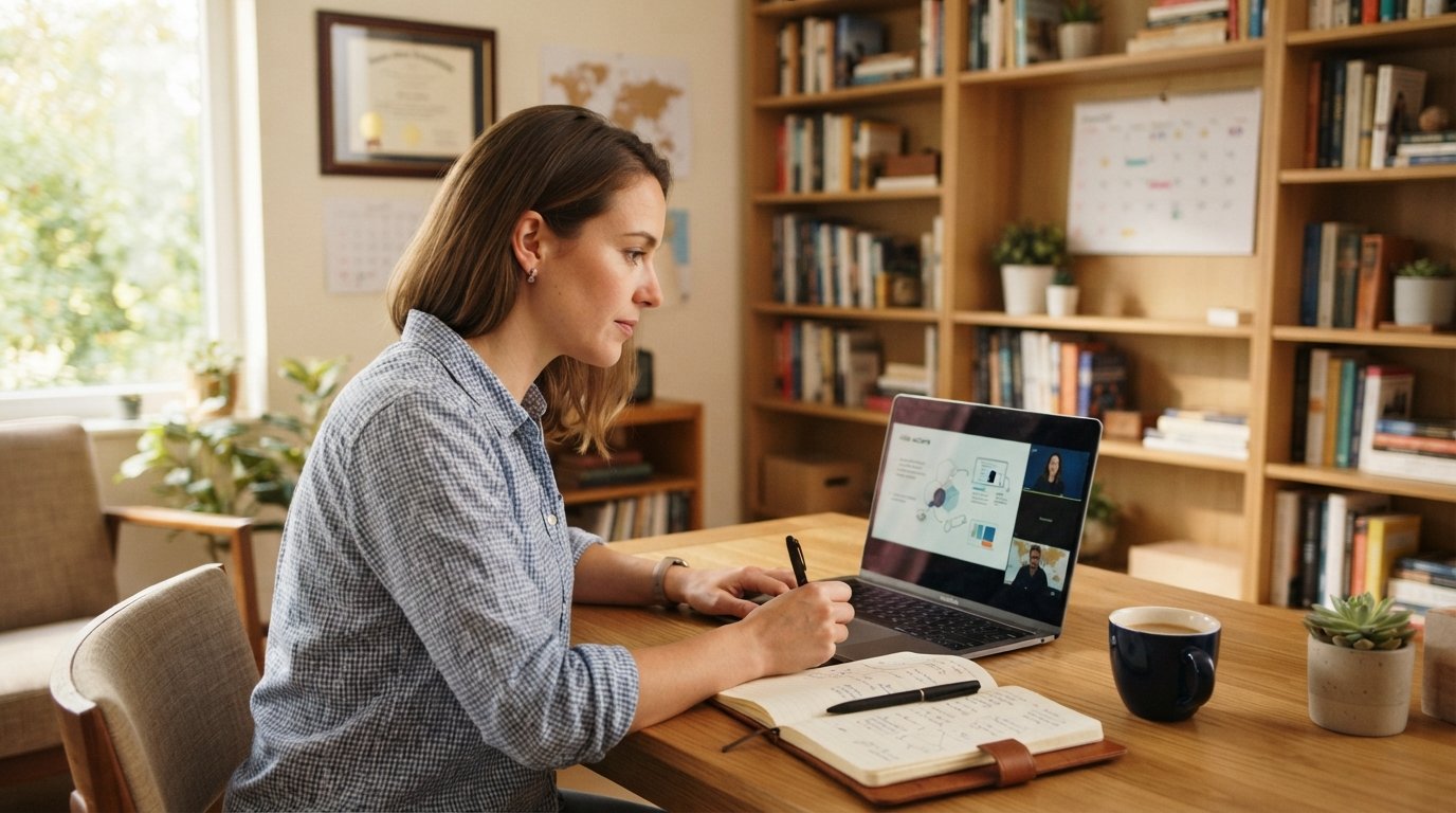 Professional in a button-down shirt studies at a wooden desk with a laptop, notebook, pen, and coffee in a sunlit home…