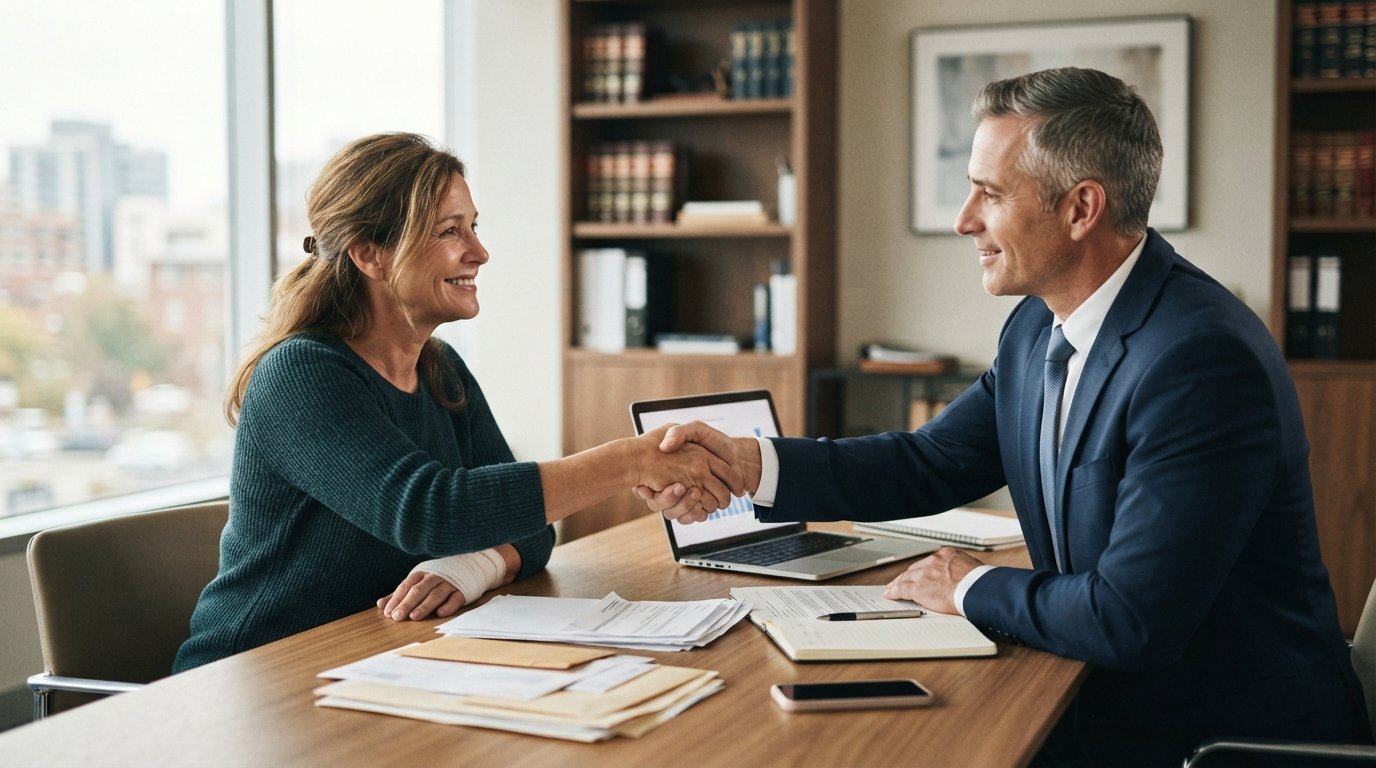 Woman with a bandaged wrist sits at a kitchen table with medical bills and a laptop, shaking hands with an attorney in a…
